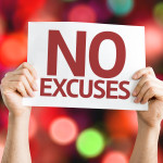 No Excuses card with colorful background with defocused lights